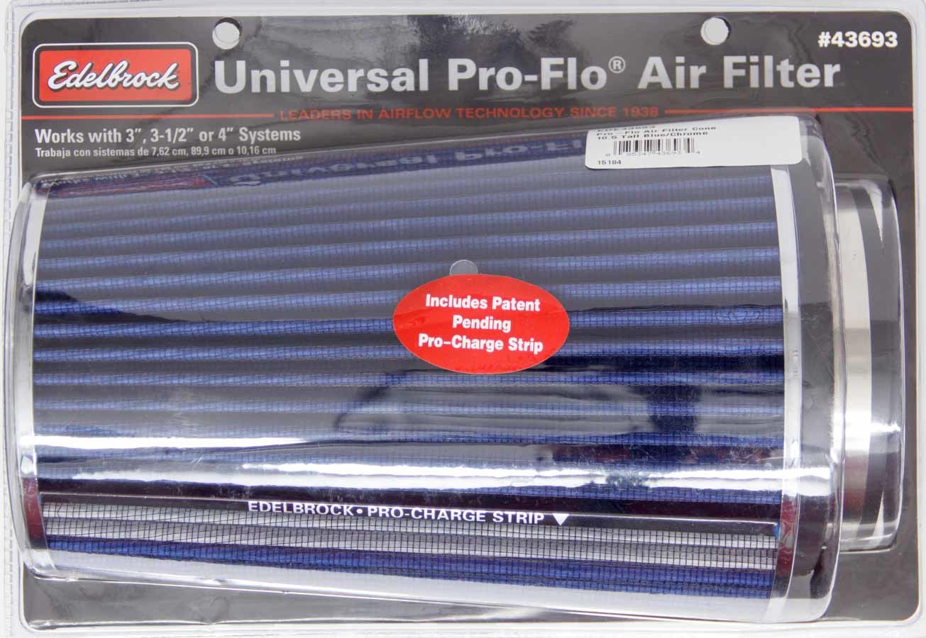 Edelbrock Pro-Flo Air Filter Cone 10.5 Tall Blue/Chrome MPN EDE43693 For Universal use