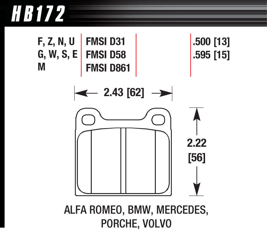 Hawk Brake BRAKE PAD 64-00 EUROPEAN FRONT AND REAR MPN HAWHB172E595 For Porsche 1964-2000
