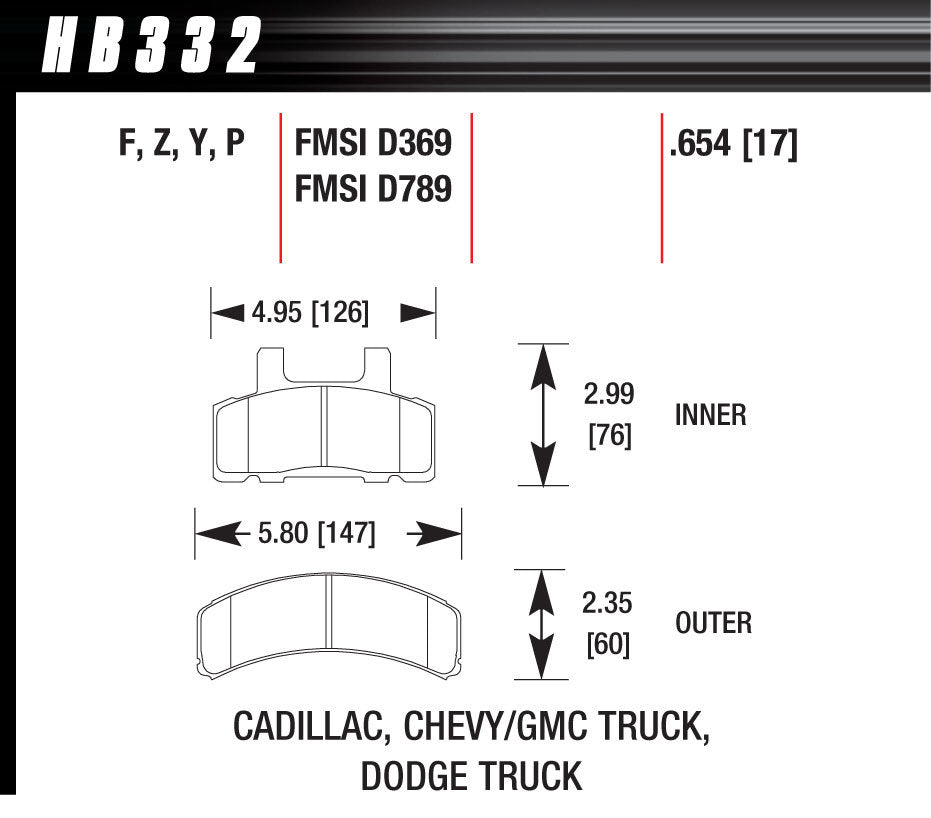 Hawk Brake Performance Street Brake Pads (4) MPN HAWHB332F654 For GM, Mopar