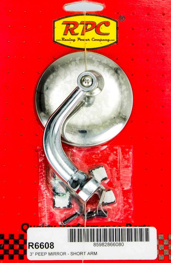 RACING POWER CO-PACKAGED Chrome Steel Peep Mirror w/Short Arm 3in RPCR6608