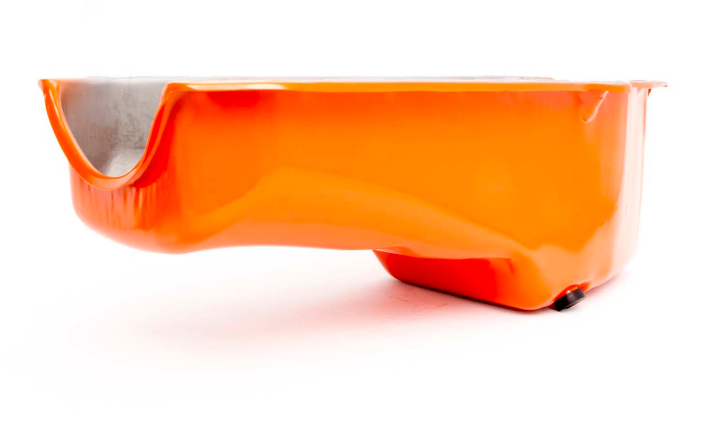 Racing Power Co-Packaged 55-79 SBC Steel Stock Oil Pan Orange MPN RPCR9005P For Chevy