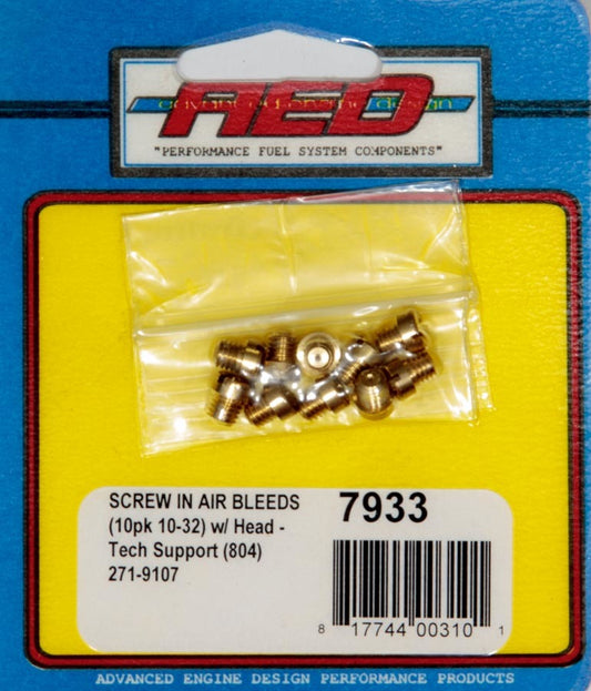 Advanced Engine Design  10-32 Screw-In Air Bleed (10pk) w/Head 7933