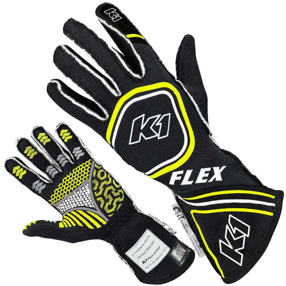 K1 Racegear Glove Flex Large Black / Flo Yellow SFI / FIA MPN K1R23-FLX-NFY-L