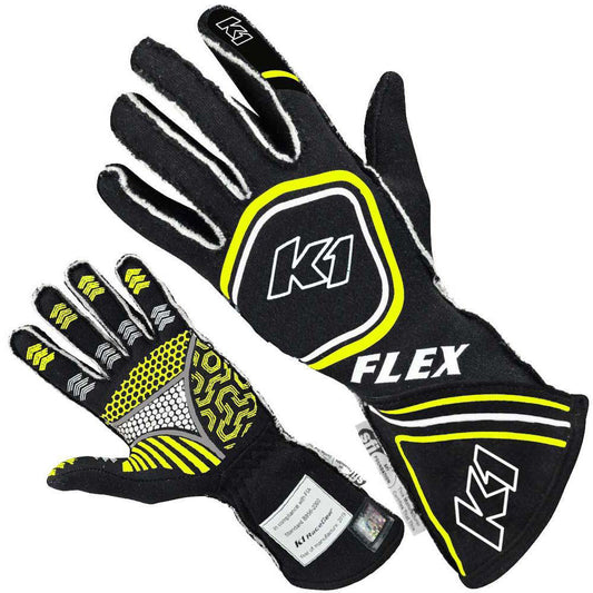 K1 Racegear Glove Flex Large Black / Flo Yellow SFI / FIA MPN K1R23-FLX-NFY-L