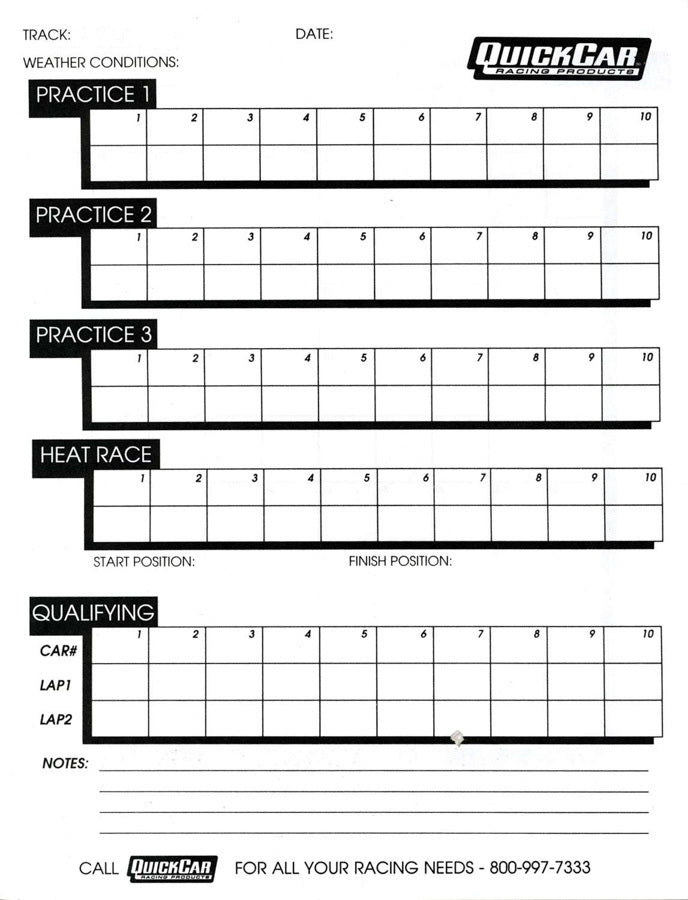 Quickcar Racing Products  Time Organizer Sheets 100 Lap (50PK)  QRP51-235