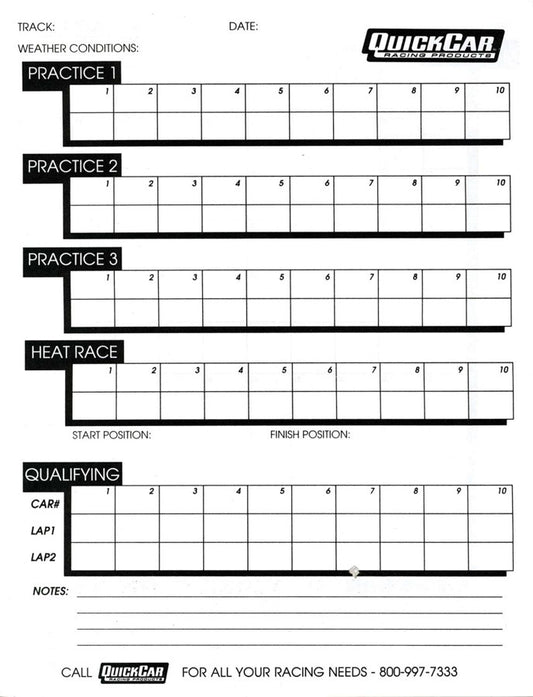 Quickcar Racing Products  Time Organizer Sheets 100 Lap (50PK)  QRP51-235