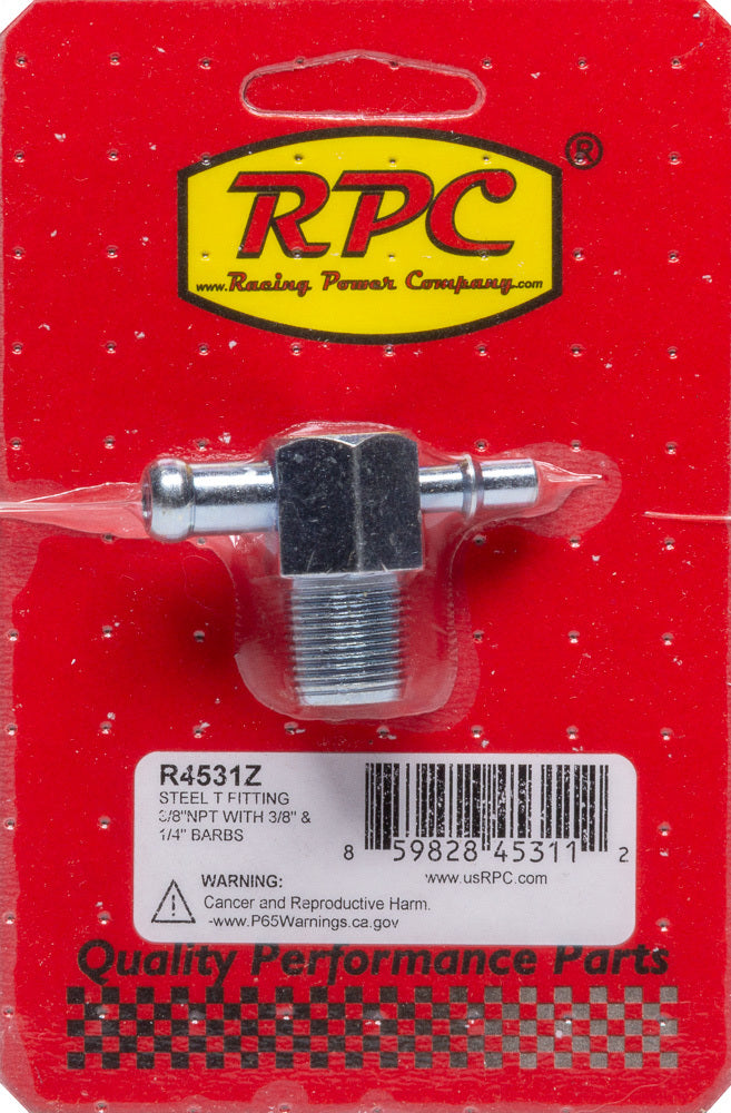 Racing Power Co-Packaged  Steel T Fitting 3/8In NPT 3/8In & 1/4In Barbs  RPCR4531Z