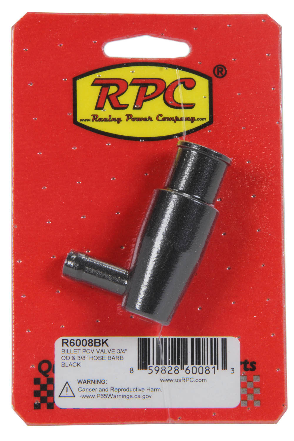 Racing Power Co-Packaged Billet PCV Valve 3/4in OD 3/8in Hose Barb Black MPN RPCR6008BK