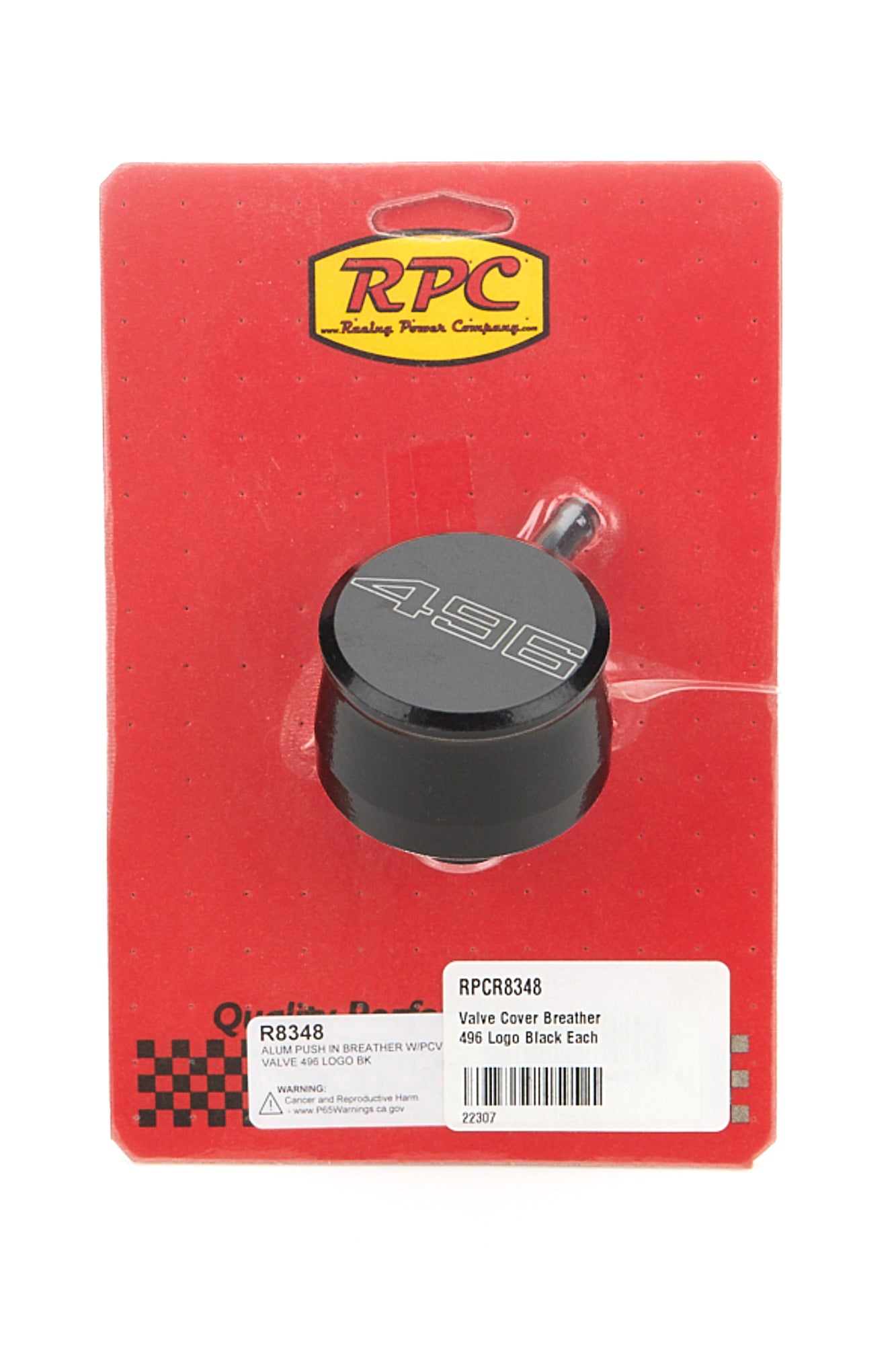 Racing Power Co-Packaged Valve Cover Breather 496 Logo Black Each MPN RPCR8348