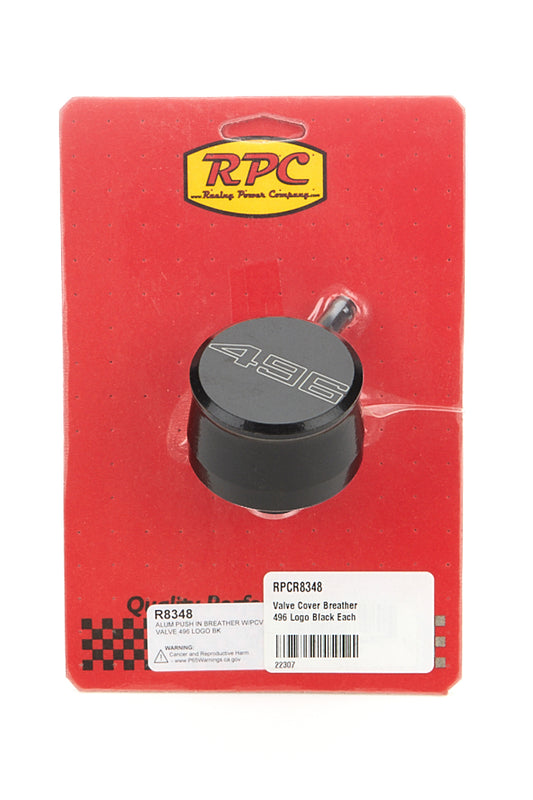 Racing Power Co-Packaged Valve Cover Breather 496 Logo Black Each MPN RPCR8348