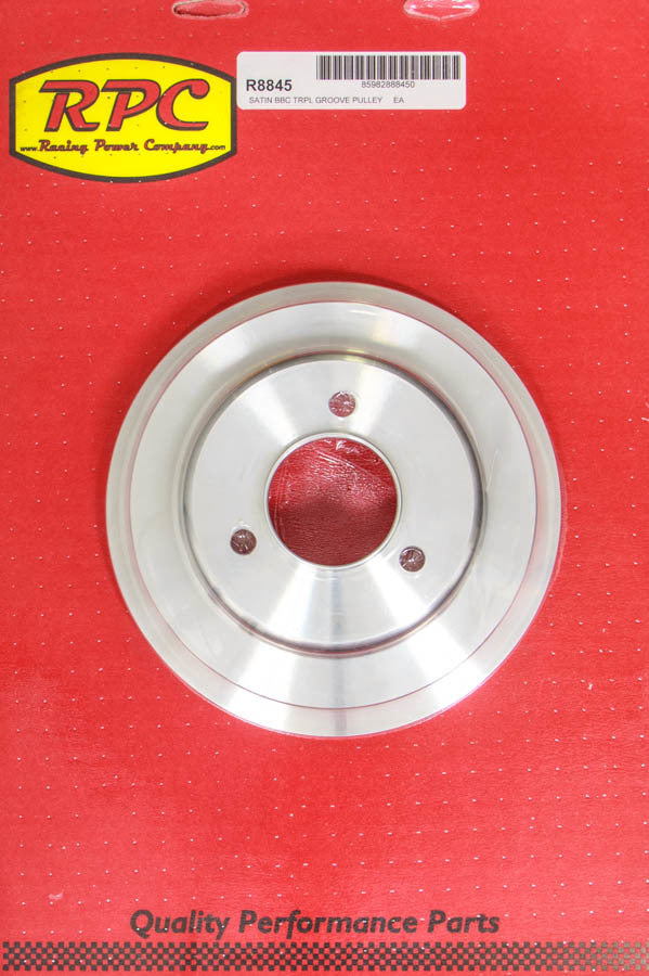 Racing Power Co-Packaged BBC 3 Goove Crank Pulley Long W/P Satin MPN RPCR8845 For Chevy