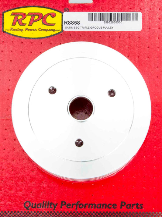 Racing Power Co-Packaged SBC Triple Groove Lower Pulley SWP Satin MPN RPCR8858 For Chevy