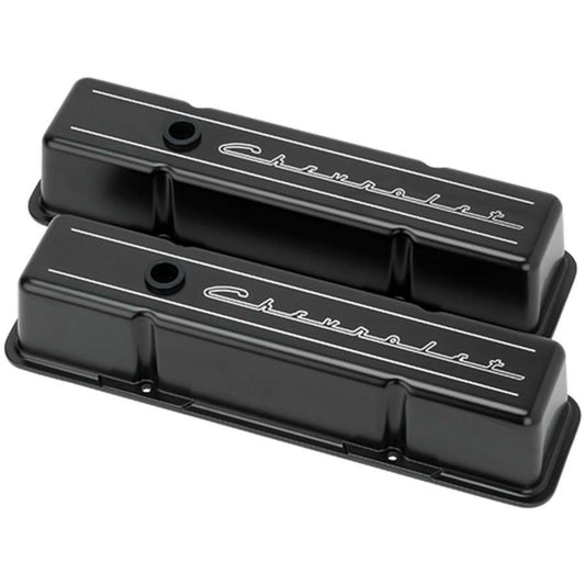 Billet Specialties   SBC Tall Valve Covers Chevrolet Script Black  BSPBLK95223