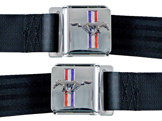 Drake Automotive Group 64-73 Mustang Seat Belts w/Mustang Emblem MPN DRASB-BK-H For Ford Mustang 1964-73
