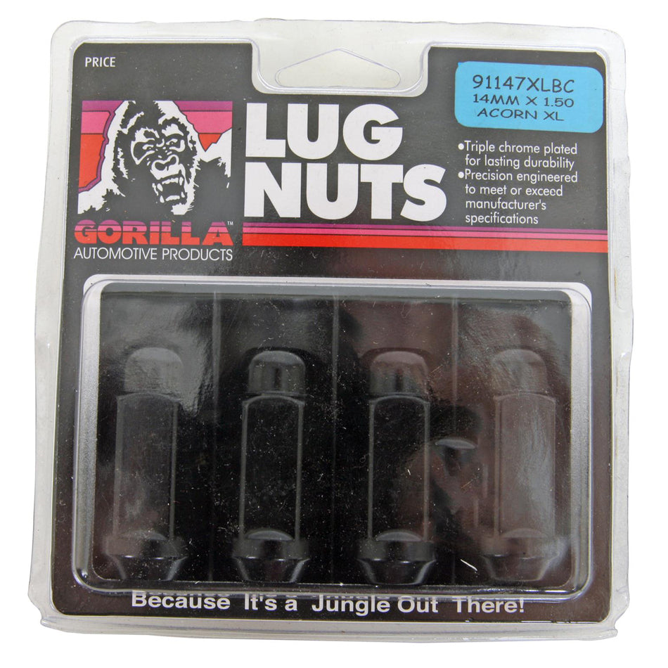 Gorilla   4 Lugnuts Acorn Bulge 14 mm x 1.5 Black X-Long  GOR91147XLBC