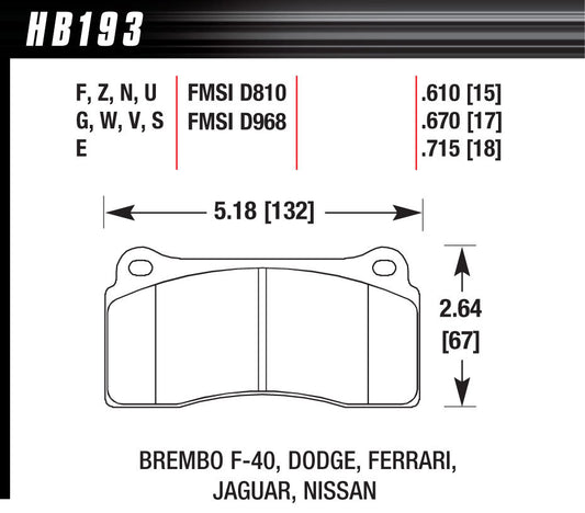 Hawk Brake Street Brake Pads Front Viper HPS MPN HAWHB193F670 For Jaguar, Dodge 2008-17