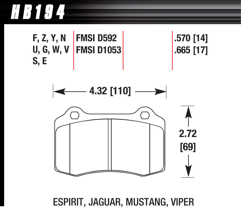 Hawk Brake Performance Street Brake Pad (4) MPN HAWHB194Z570 For Jaguar, GM, Hyundai, Mopar Ram