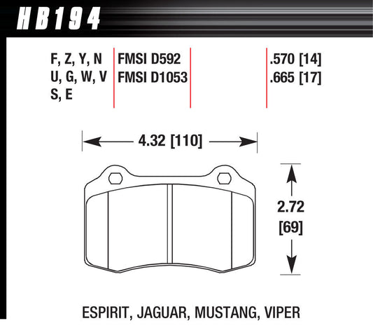 Hawk Brake Performance Street Brake Pad (4) MPN HAWHB194Z570 For Jaguar, GM, Hyundai, Mopar Ram