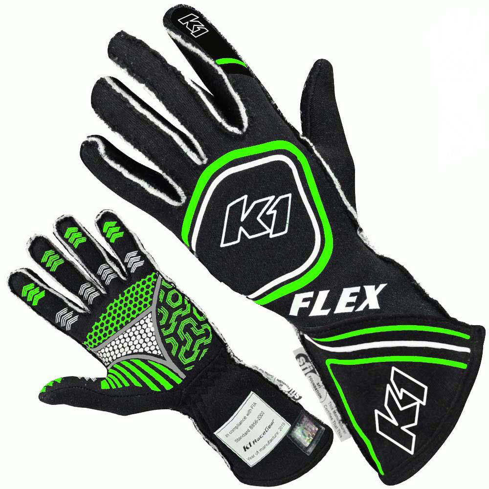 K1 RACEGEAR  Glove Flex Small Black / Flo Green SFI / FIA  K1R23-FLX-NFV-S