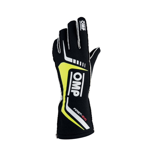 OMP RACING, INC.  FIRST EVO GLOVES BLACK/Y ELLOW SIZE S FIA 8856-20  OMPIB0-0767-A01-178-S