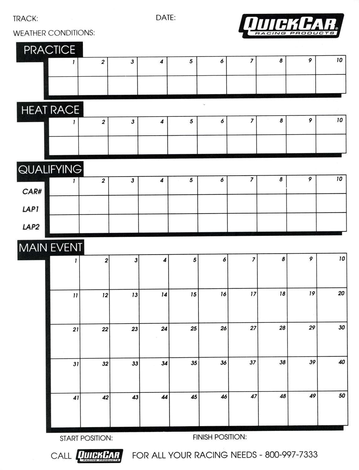 QUICKCAR RACING PRODUCTS  Time Organizer Sheets 50 Lap  QRP51-230